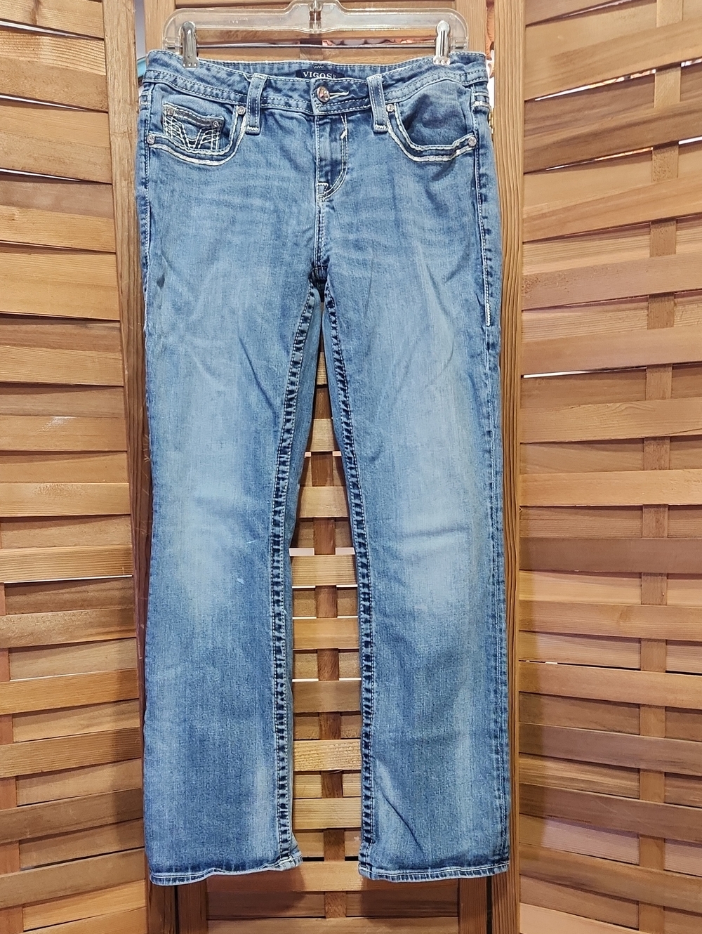 Vigoss Heritage Fit Lt Blue Straight Leg Jeans Women 8 Denim Embroidered Cotton